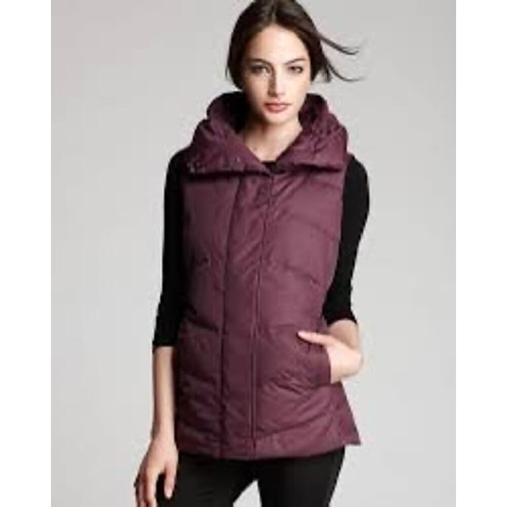 Eileen Fisher High Collar Zip Down Puffer Vest size L Large Plum White Down
